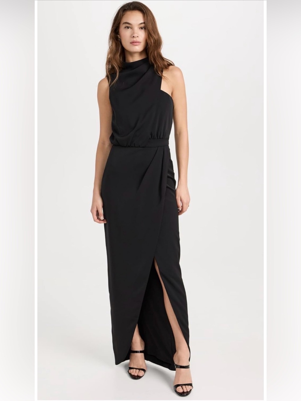 Black Halo Black One-Shoulder Ruched Waist Maxi Dress